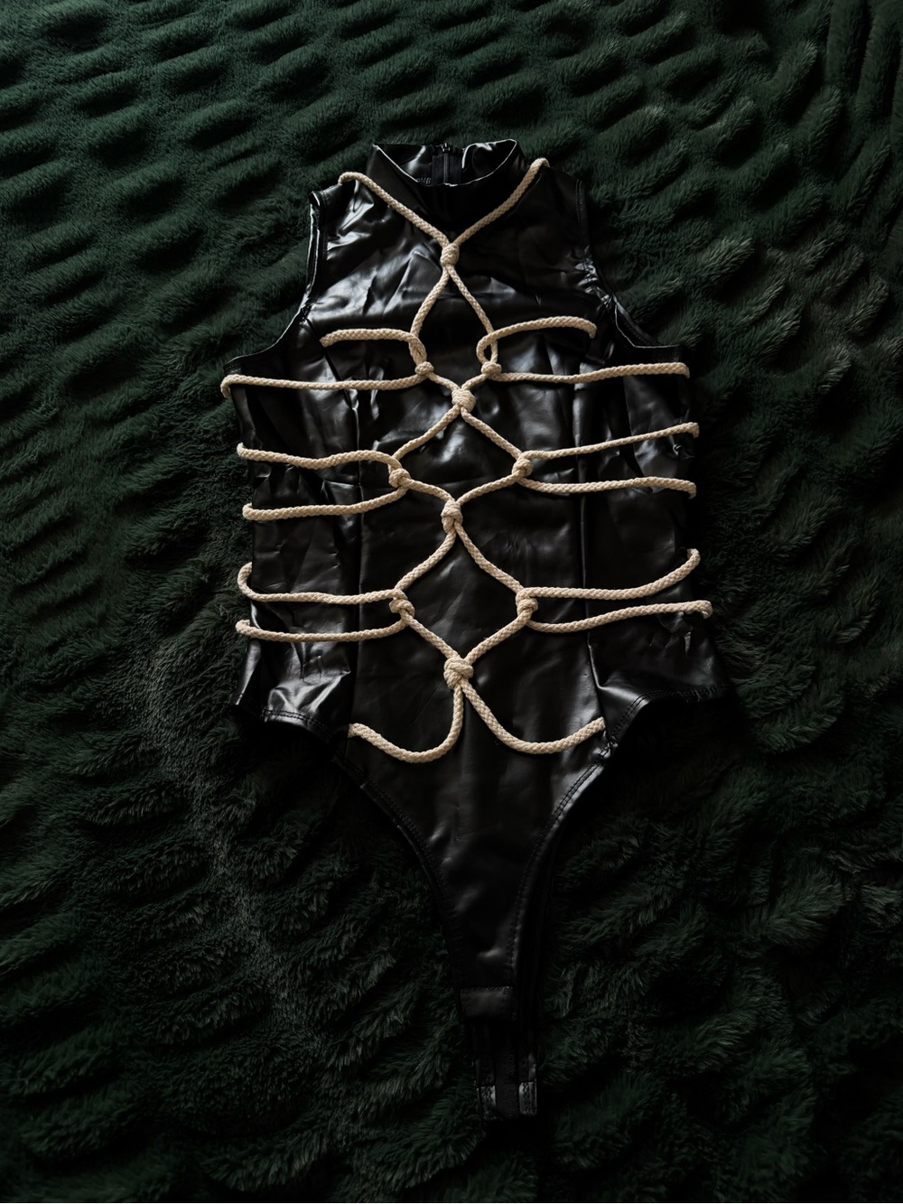 Black Faux Leather Bodysuit with Cream Rope Detail